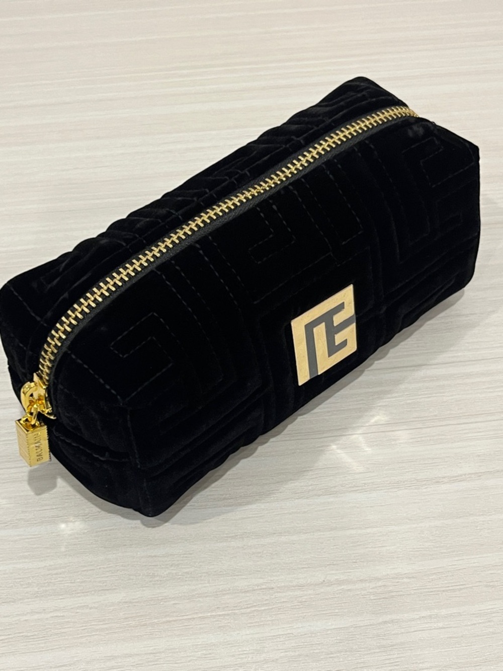 Balmain Black Quilted Velvet Cosmetic Pouch with Gold Logo
